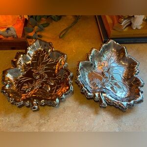 Decorative Strawberries Chrome Plated Leaf Shape Serving Platter Tray-9"x11" (2)